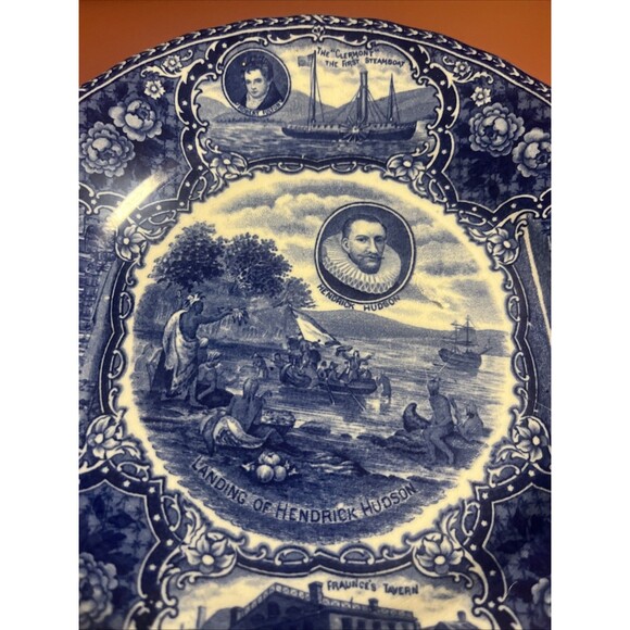 Staffordshire England Flow Blue Plate Landing Hendrick Hudson No 5 Ye Olde - Picture 2 of 7